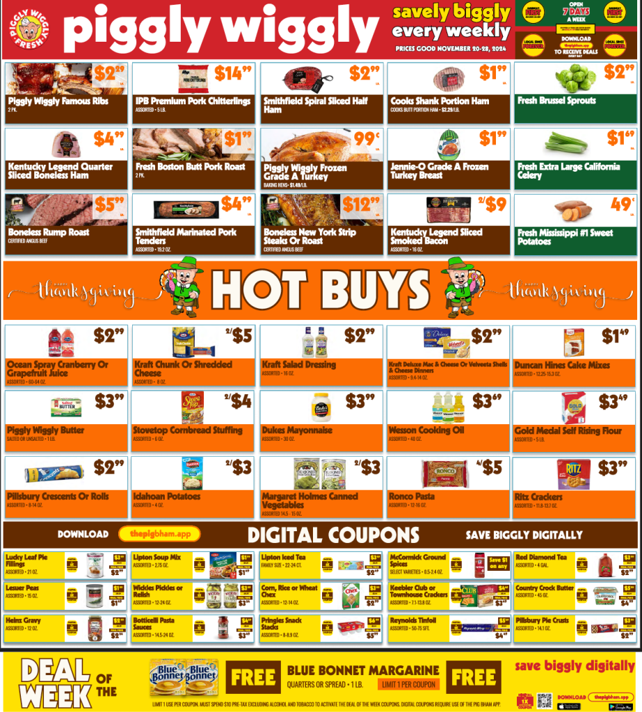 Piggly Wiggly Thanksgiving weekly ad showcasing deals on meats, produce, baking essentials, and pantry items, valid November 15-28, 2024.